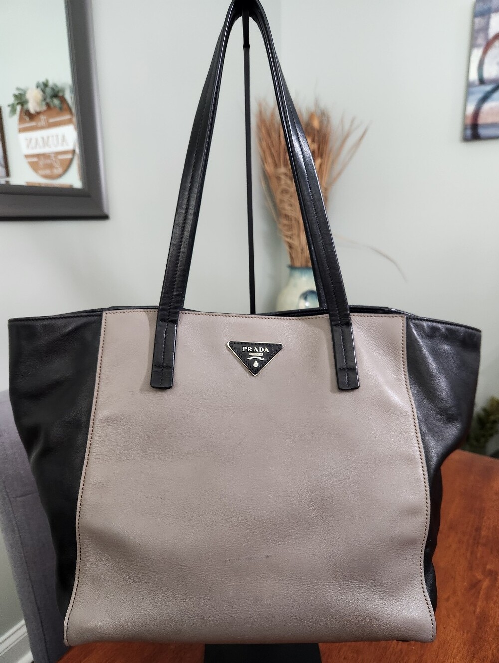 Prada Soft Calf Bicolor Tote In Gray And Black Leather With Pristine Interior